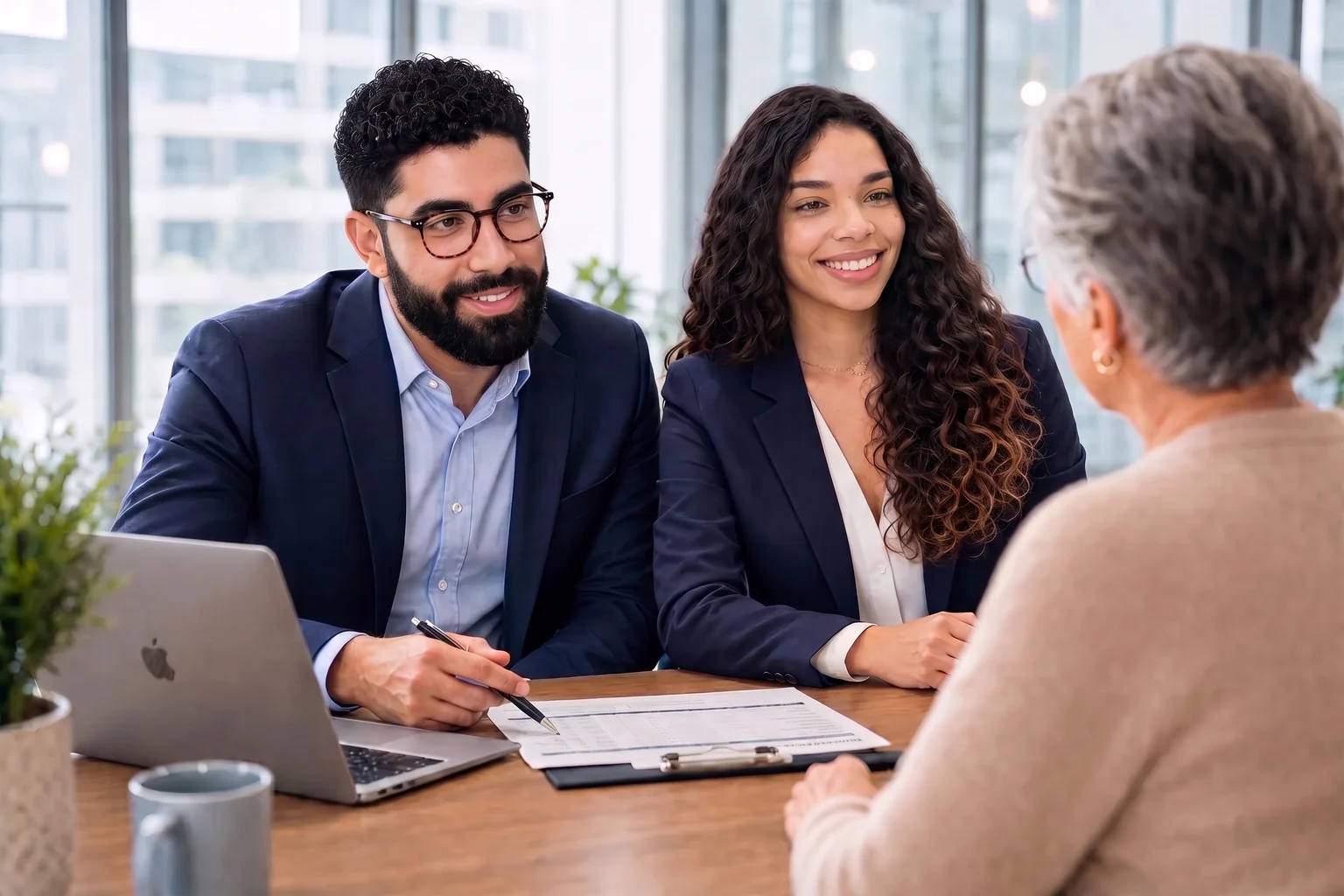 Joshua and Solange walking a long-time client through their coverage options